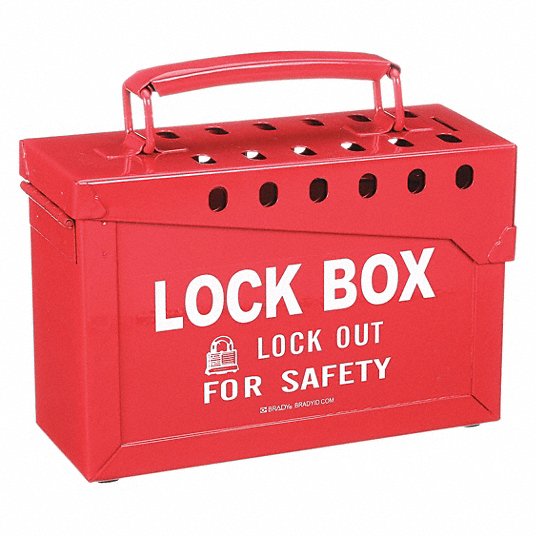 Red Steel Group Lockout Box, Max. Number of Padlocks: 13, 6 in x 9 in Lockout Box Brady 65699