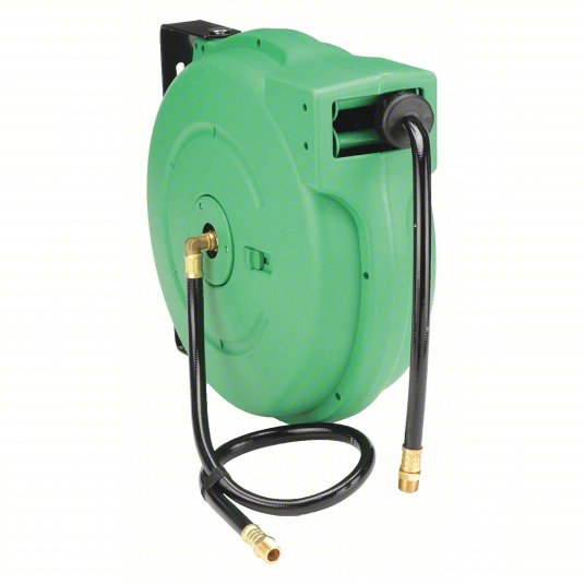 Spring Return Hose Reel, 40 ft (1/2 inch I.D.), 1/2 inch MNPT, 300 psi Max Op Pressure, Aluminum, Green Spring Return Hose Reel Khusheim 2CUC9