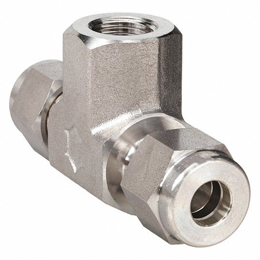 Female Branch Tee, 1/4 in Tube Size, 1/8 in Pipe Size - Pipe Fitting, Metal, 5/8 in Hex Size Branch Tee Ham-Let 772LF SS 1/4 X 1/8