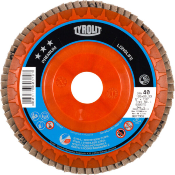 FLAP DISC, SS/CS (2 IN 1), 4.5' (115X22,23) - 28N, ZA40 Q-B, PREMIUM*** FLAP DISC Tyrolit 680369
