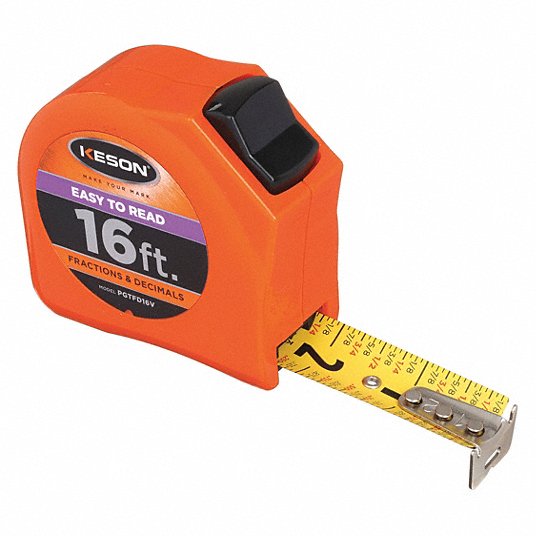 Tape Measure, 16 ft Blade Length, 1 inch Blade Wd, in/ft/Fractional/Decimal, Closed, ABS Plastic Tape Measure Khusheim PGTFD16V