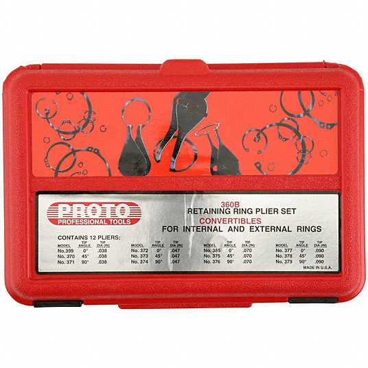 Proto J360B Retaining Ring Plier Set Internal External For 3 8 inch to 3 inch Bore Dia 0 45 90 Tip Angle