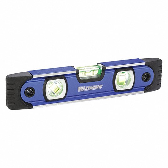 Torpedo Level, 9 inch Lg, 3 Vials, Blue, Top Read, Aluminum, Magnetic, 1 Plumb Vials Spirit Level Westward 4MRX2