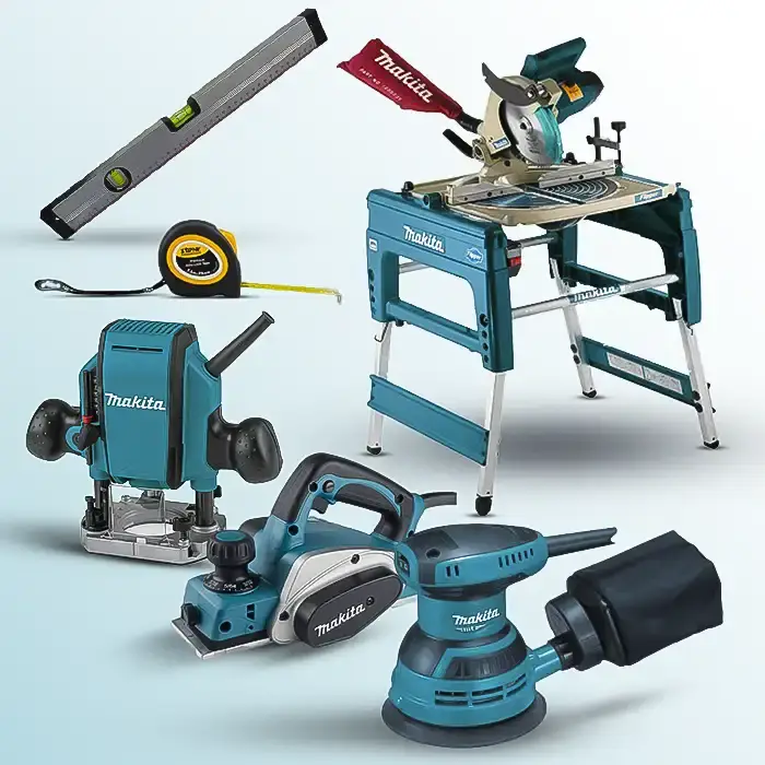 مجموعة كومبو مكونة من 6 قطع: منشار قص خشب وينقلب طاوله ، فأرة كهربائية ، راوتر غاطس، متر قياس ، ميزان ماء ،  صنفرة دائرية طقم كومبو  