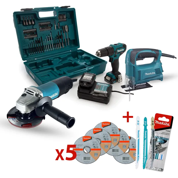 طقم كومبو 5 قطع: دريل لاسلكي ، منشار اركت ، ماكينة زاوية، شفرة منشار اركيت ، 5 حبات ديسك قطع طقم كومبو ماكيتا 