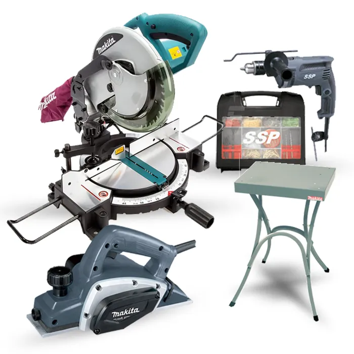 طقم كومبو 4 قطع: دريل همر، منشار خشب ميتري ، فأره كهربائية، طاولة منشار ميتري طقم كومبو ماكيتا 