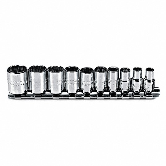 Socket Set, Socket Size Range 3/16 in to 9/16 in, Hand, Drive Size 1/4 in, SAE, 12-Point Socket Set Proto J47104