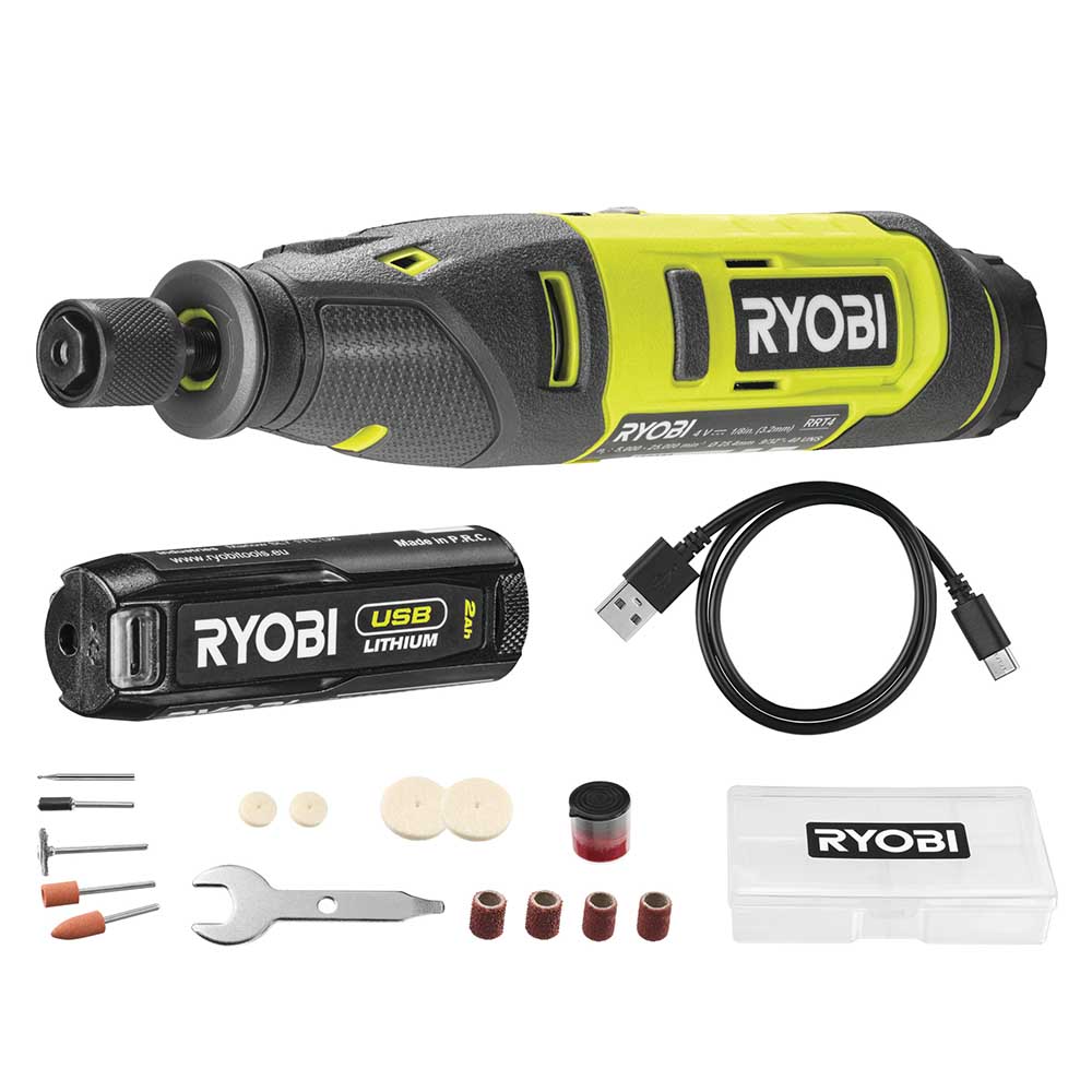 Cordless Rotary Tool Starter Kit 4V, 5,000–25,000 RPM, 3.2 mm Collet, 15 Piece Kit, 0.23 kg Multiuse Cordless Rotary Tool kit Ryobi RRT4-120GA15