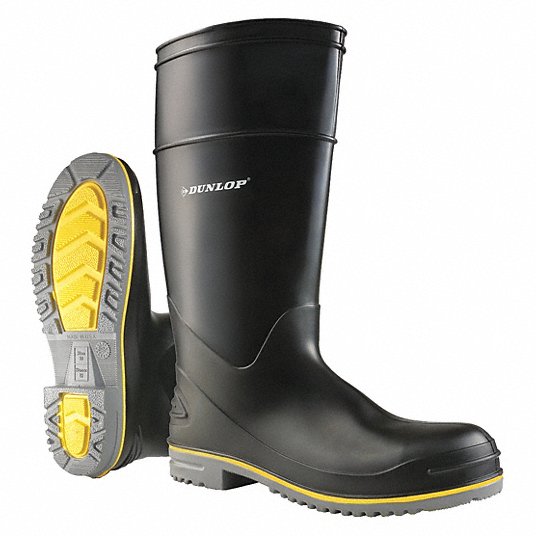DUNLOP, Rubber Boot, Men's, 11, Knee, Plain Toe Type, Polyblend PVC with Nitrile, Black, 1 PR Boot Dunlop 899041133