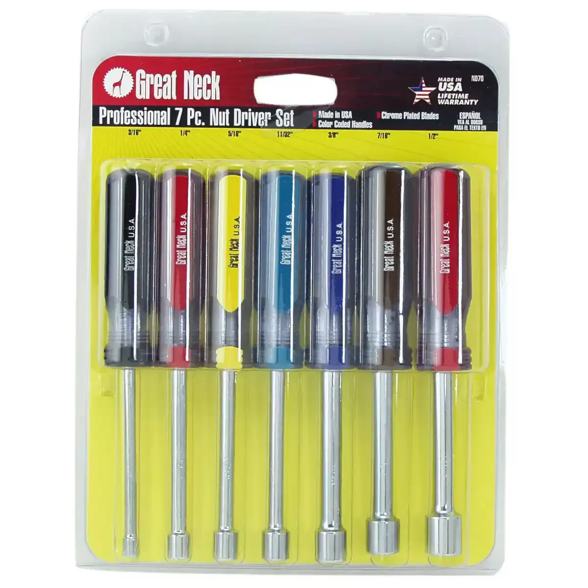 Solid Round Shank Nut Driver Set, 7 PC Driver set Great Neck 3R910