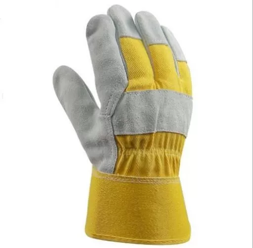 Leather working Gloves , Yellow / Grey , Single Palm , Made in PAKISTAN 09-90-031 Gloves Amaan Safety 09-09-031