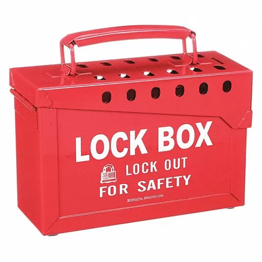 Red Steel Group Lockout Box, Max. Number of Padlocks: 13, 6 in x 9 in Lockout Box Brady 65699
