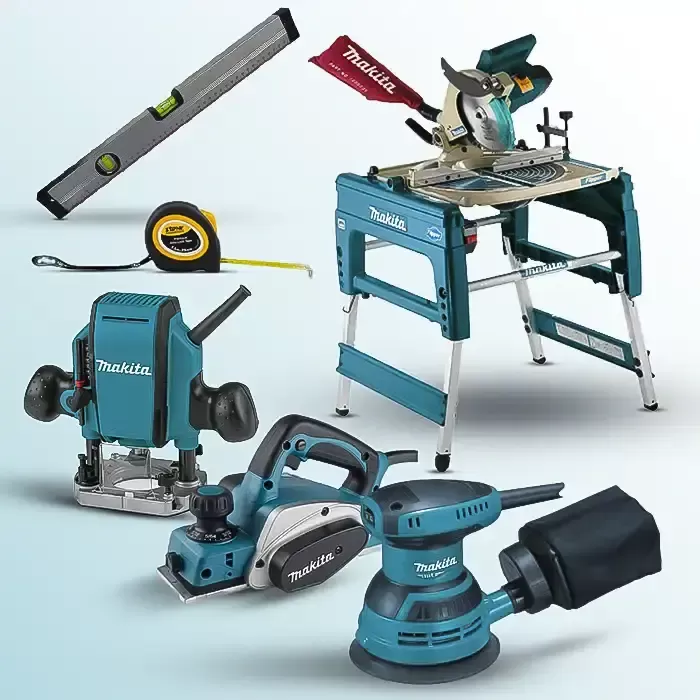 6 Piece Combo Kit: Flip Over Saw, Wood Planer, Plunge Router,Aluminum Level ,Orbital Sander, Double Safety Tape Combo Kit null null