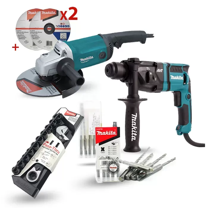 5 Piece Combo Kit: Rotary Hammer, Angle Grinder,SDS Drill Bit, Cutting Wheel, Adjustable Wrench Set Combo Kit Makita null