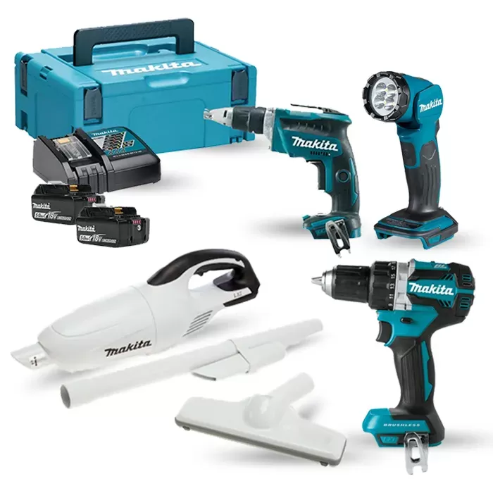4 Piece Combo Kit: Cordless Vacuum Cleaner, Driver Drill, Screwdriver, Flashlight Combo Kit Makita null