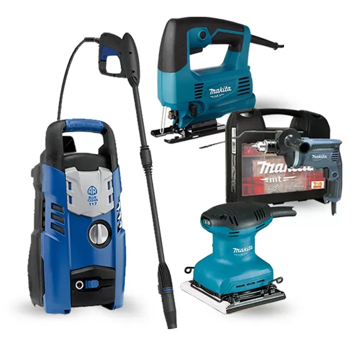 4 Piece Combo Kit: High Pressure Cleaner, Hammer Drill, Jigsaw, Finishing Sander Combo Kit null null