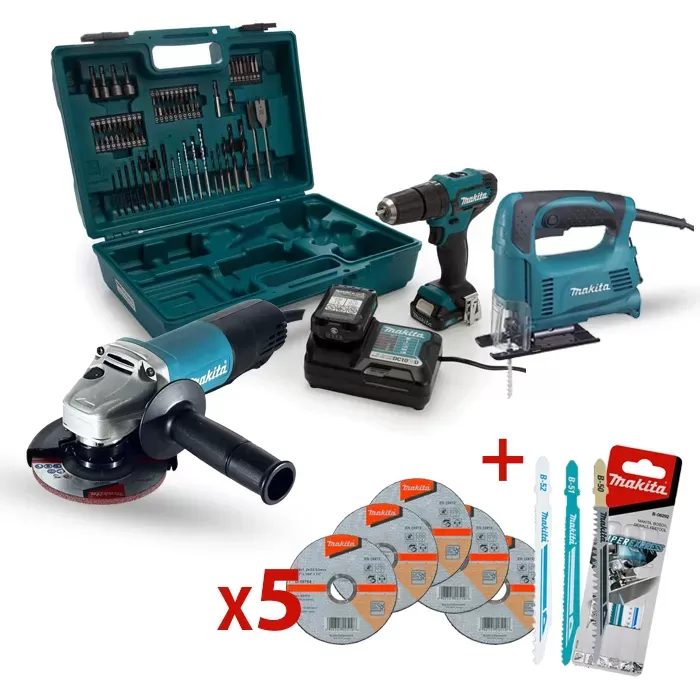 طقم كومبو 5 قطع: دريل لاسلكي ، منشار اركت ، ماكينة زاوية، شفرة منشار اركيت ، 5 حبات ديسك قطع طقم كومبو ماكيتا null