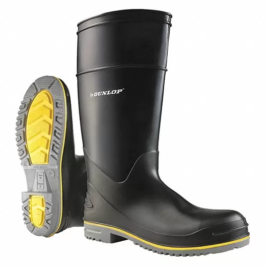 Rubber Boot, Men's, 13, Knee, Plain Toe Type, Polyblend PVC with Nitrile, Black, 1 PR Rubber Boot Dunlop 899041333