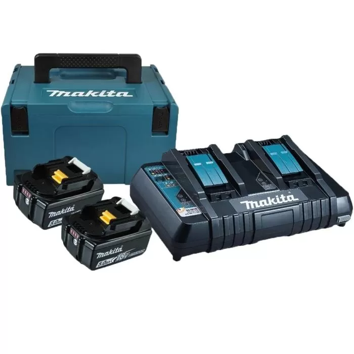 Power Source Kit , Battery 18V 5.0Ah X2Pc, Two Port Fast Charger Dc18Rd X 1Pc, Makpac Connector Case DC18RD Battery Makita 198567-1