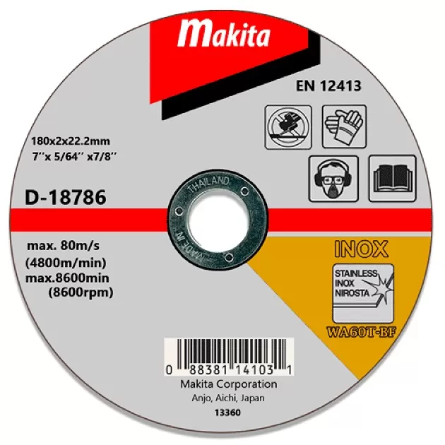 Thin Cut-off Wheels for Stainless Steel - Flat Center (D-series), 180X2X22.23mm, (Grit WA36R) CUT-OFF WHEEL Makita D-18786