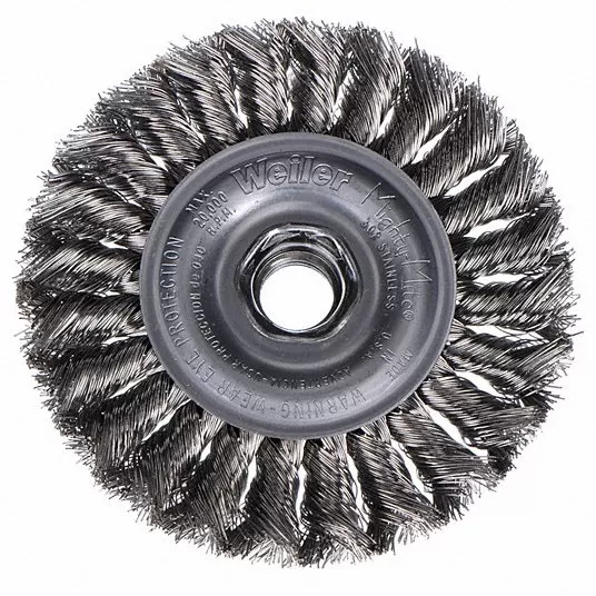 4 in Knotted Wire Wheel Brush, 0.014 in Wire Dia., 7/8 in Bristle Trim Length Wire Wheel Brush Weiler 93431