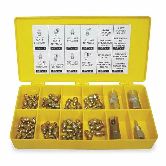 Grease Fitting Kit, Standard, 1/8inch-27/1/4inch-28 Thread Size, 60 Pieces, SAE, Steel Grease Fitting Kit Westward 2CAN7